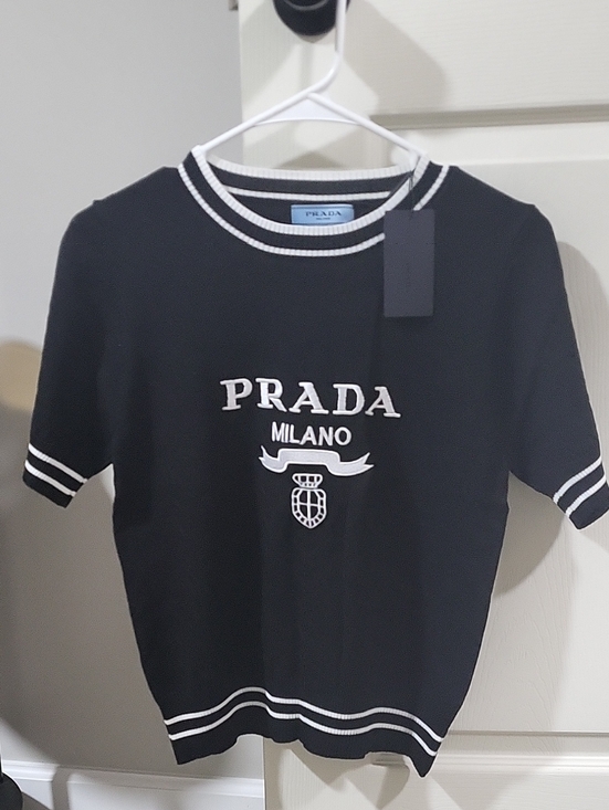 Prada Sweaters - Prada Black Knit Logo Short-Sleeve Sweater with White Trim